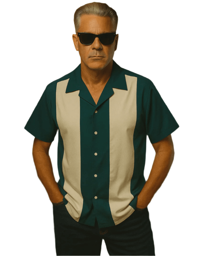 Mens Vintage Style Bowling Dress Shirt - TEAL/IVORY
