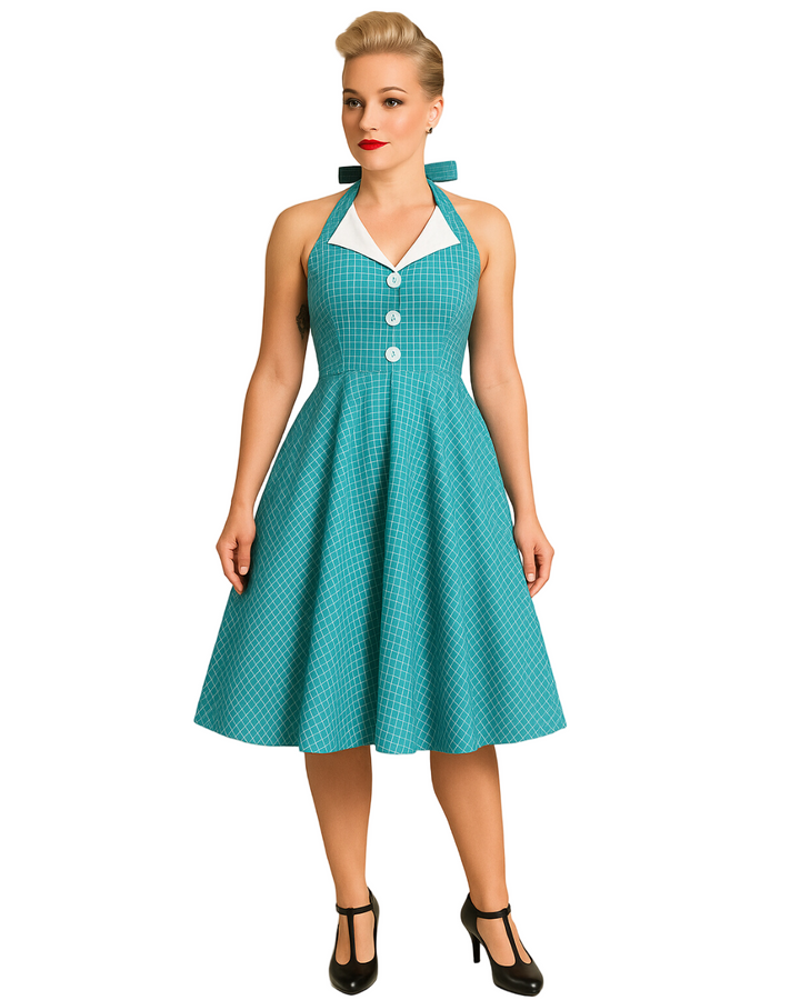Vintage Teal Halter Swing Dress with Pockets