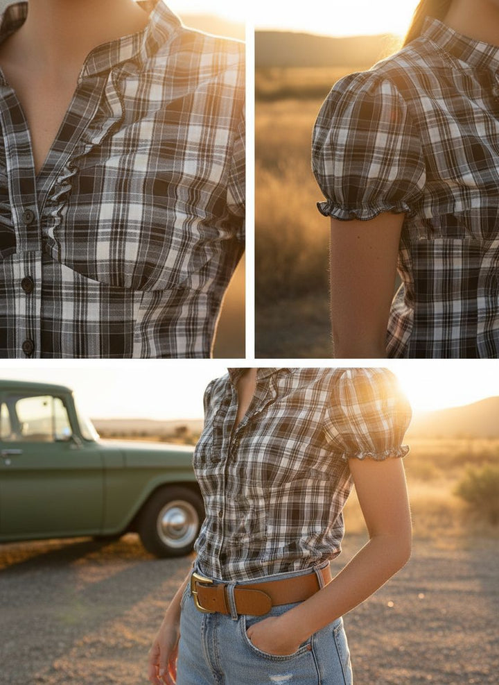 Collage of a person wearing a plaid shirt with a vintage car in the background.