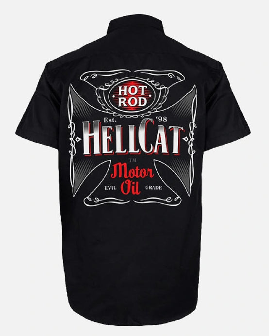 Hotrod Hellcat devil grade mens work shirt button up cotton rockabilly black motor oil back print shirt