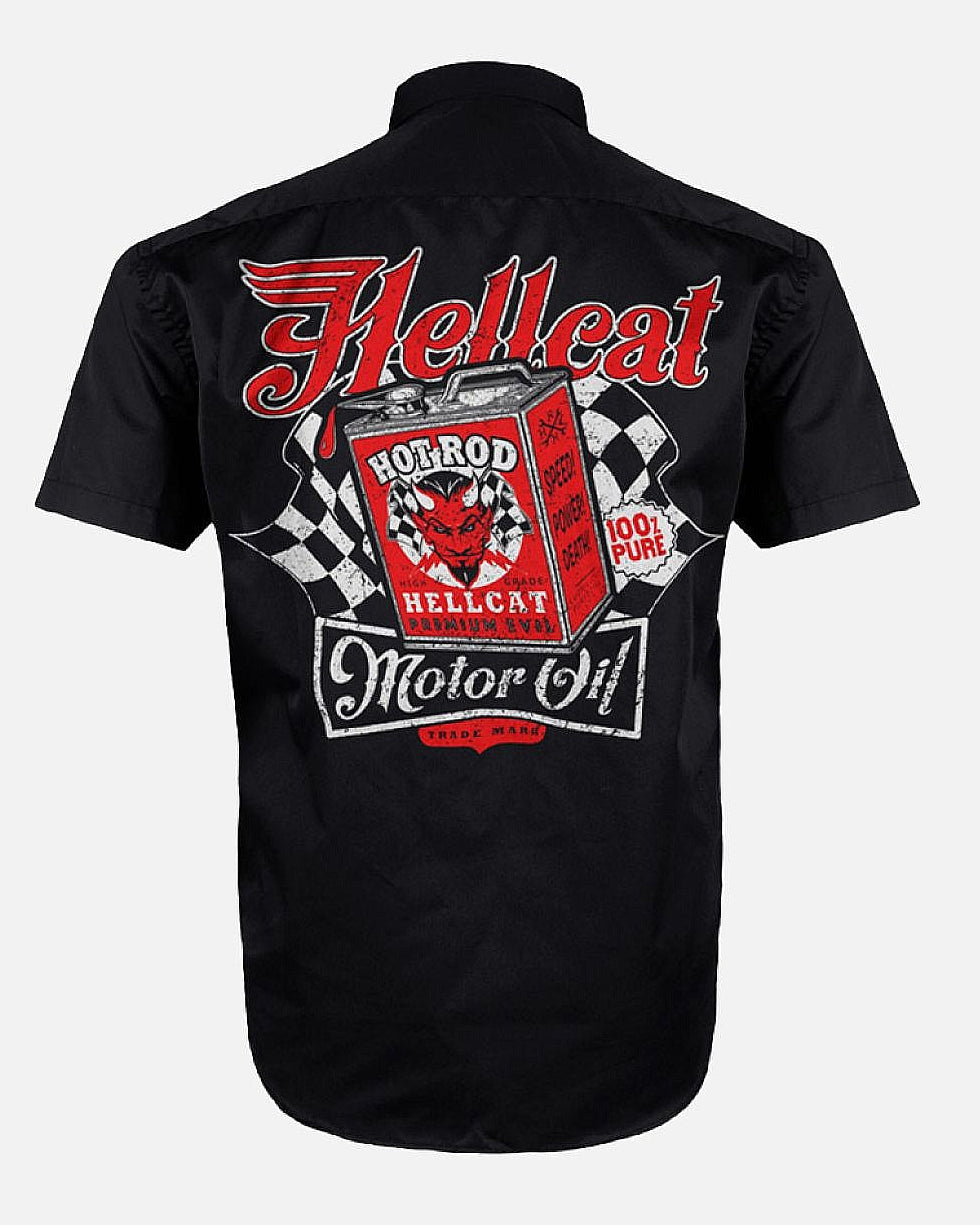 Hotrod Hellcat motor oil mens work shirt button up cotton rockabilly black back print shirt
