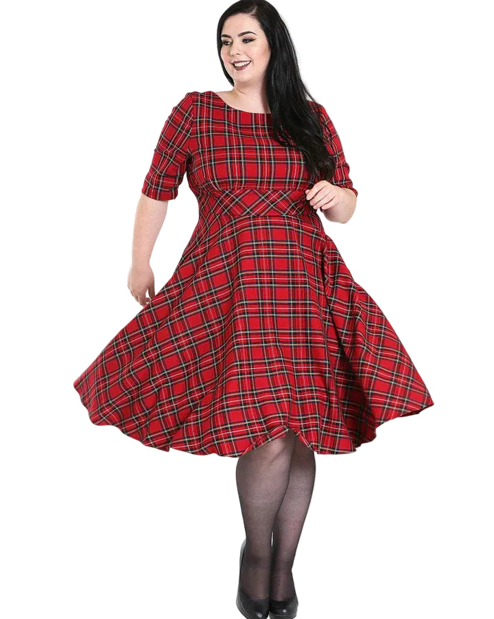 Hell Bunny Irvine 50's Dress red tartan vintage-style dress with 3/4 sleeves and full circle skirt