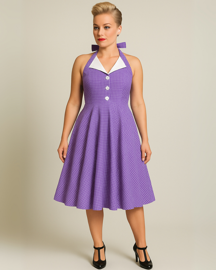 Vintage Lavender Halter Swing Dress with Pockets