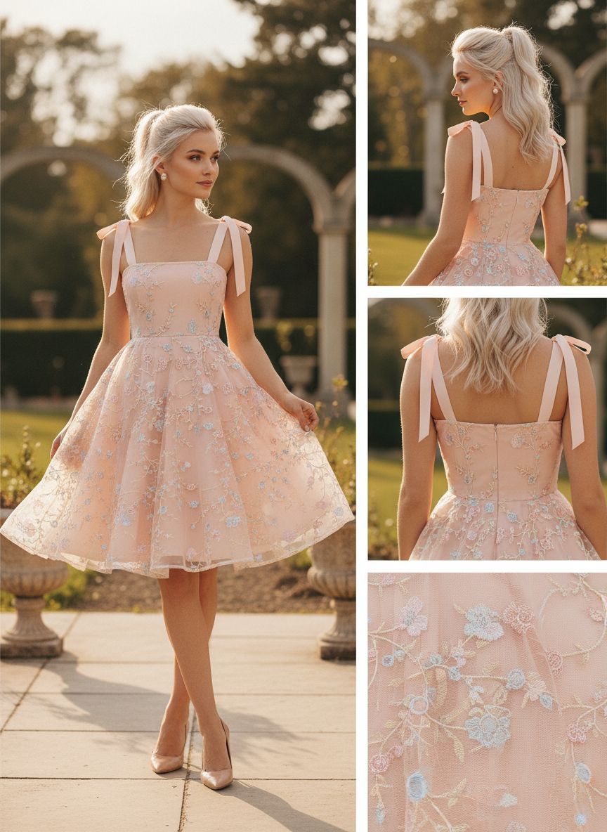 Peach Lace Embroidered Short Cocktail Dress