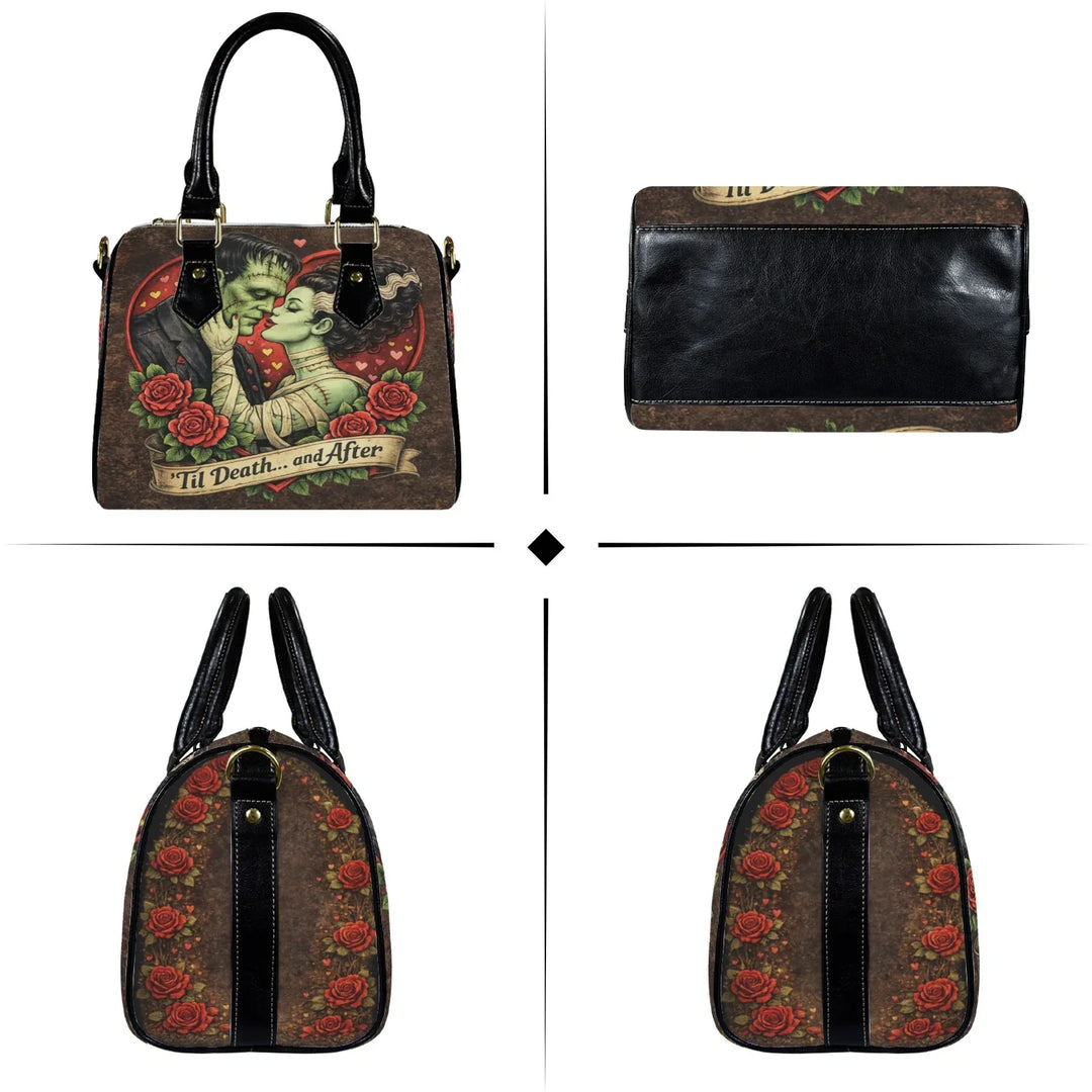Gothic horror Valentine handbag with red rose pattern on side panel