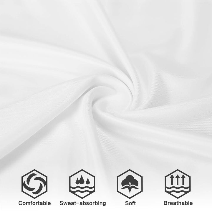 White fabric with icons and text describing fabric properties on a white background