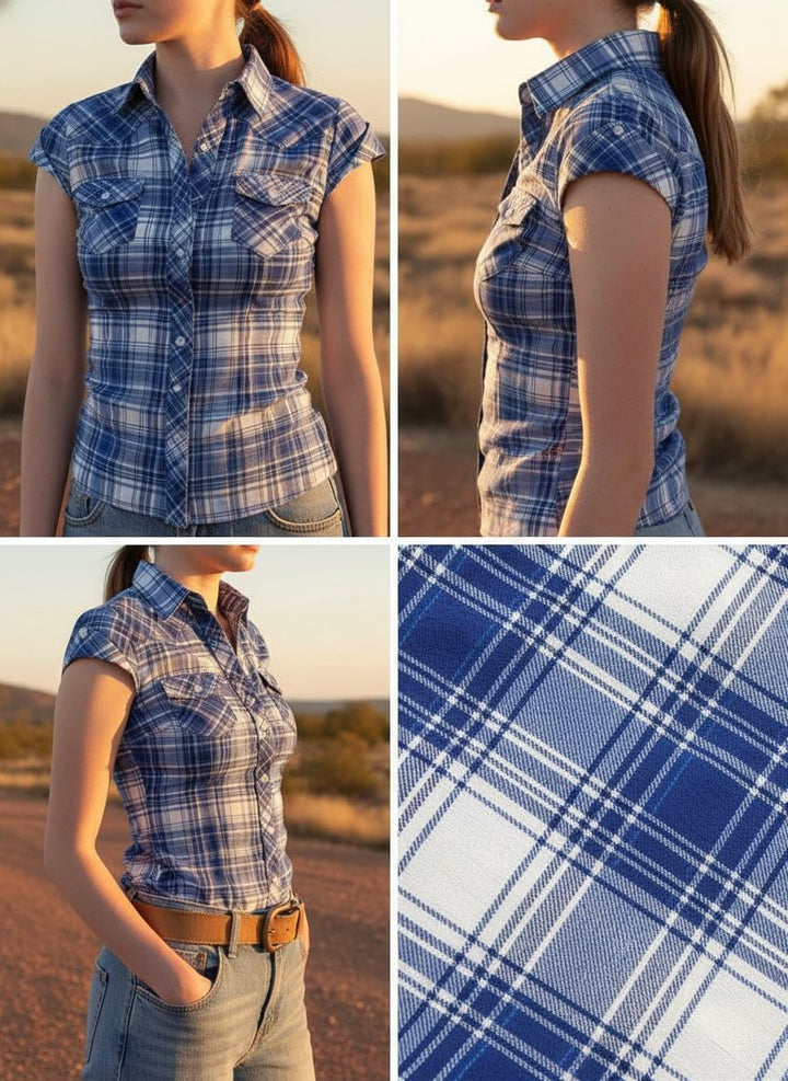 Western Blue Plaid Fitted Blouse