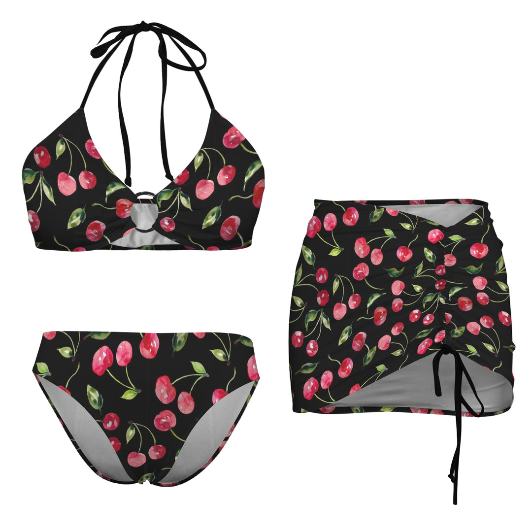 Black Cherries Retro Bikini Set with Skirt
