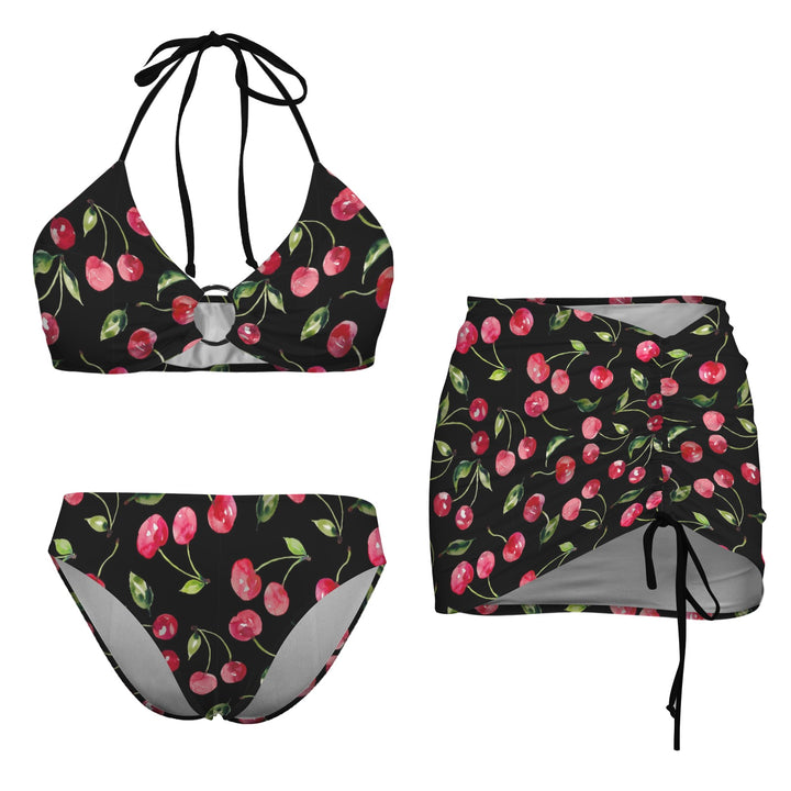 Black Cherries Retro Bikini Set with Skirt