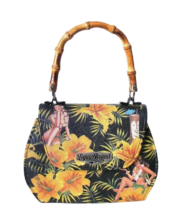 Liquorbrand Tiki Time bamboo handle bag retro tiki handbag with tropical hula girl print