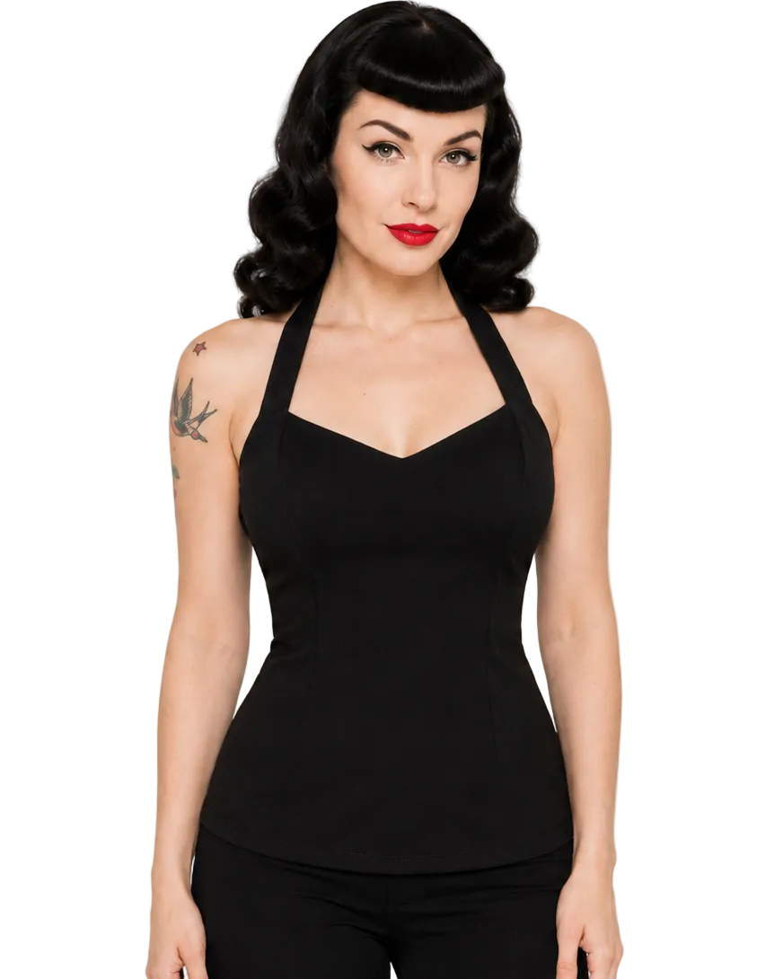 Liquorbrand black bow halter top front view on raven-haired rockabilly model