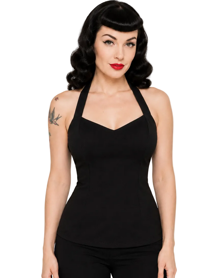 Liquorbrand black bow halter top front view on raven-haired rockabilly model