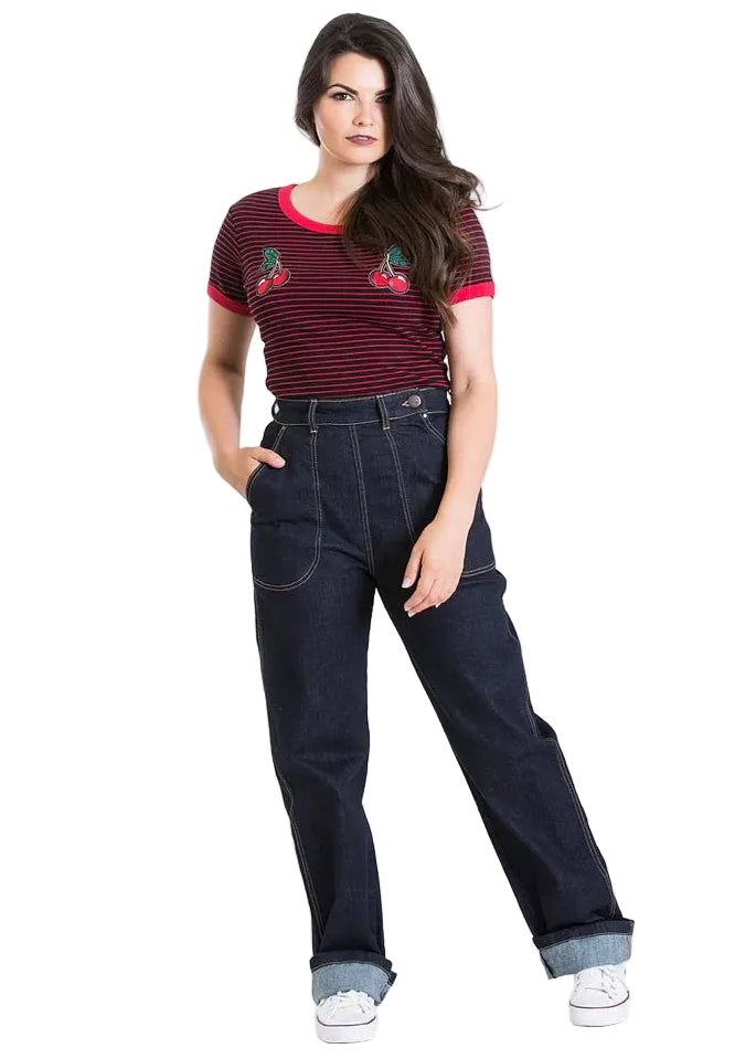 Hell Bunny Weston high waisted denim trousers with contrast stitching and large front pockets worn by model