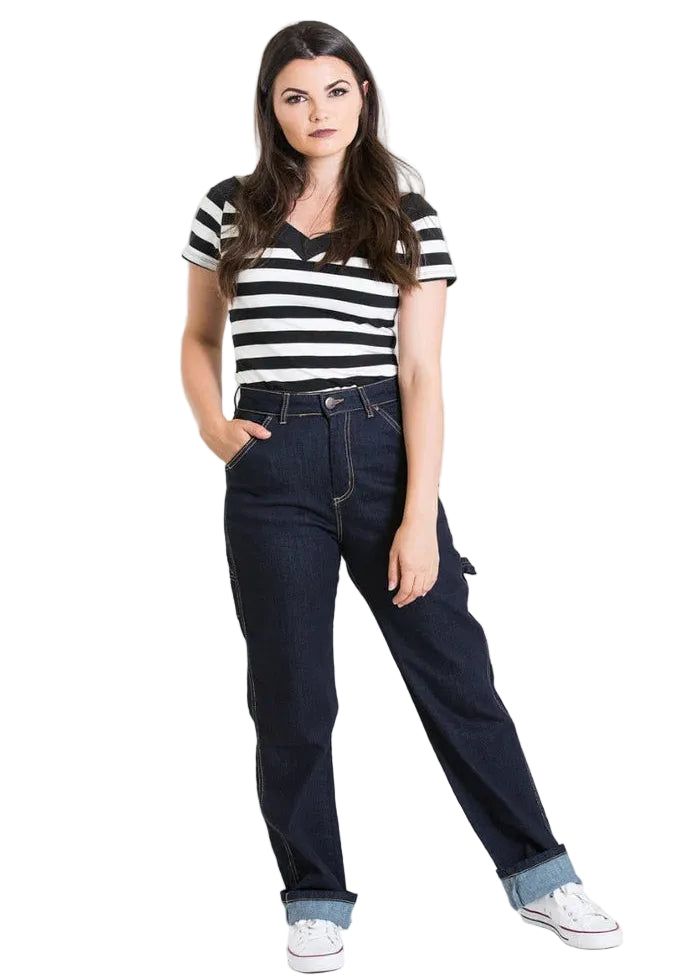 Hell Bunny Carpenter high waisted stretch denim jeans with wide leg and hammer loop detail worn by model