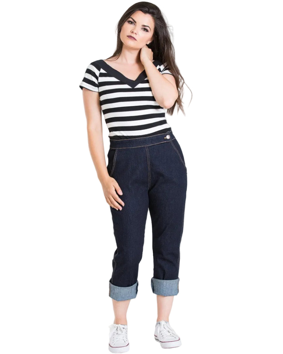 Hell Bunny denim capris high waisted vintage cropped jeans cuffed retro capri pants