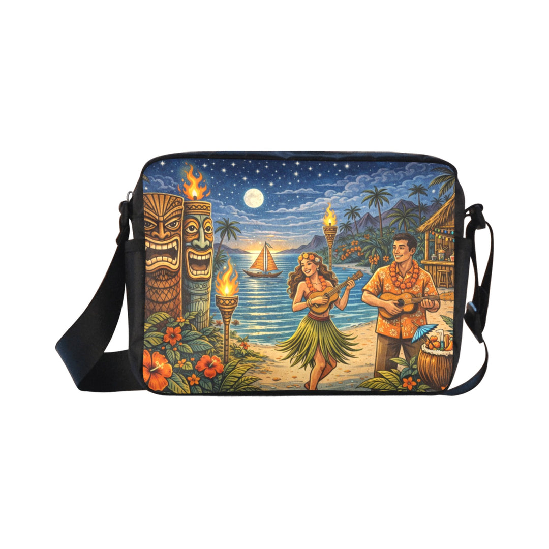 Satchel with tropical design featuring a couple and tiki statue on a white background