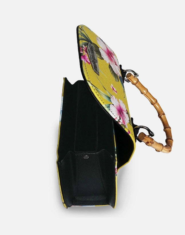 Liquorbrand Luau Yellow Hibiscus Bamboo Handle Bag - Retro Floral Handbag