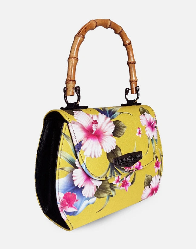 Liquorbrand Luau Yellow Hibiscus Bamboo Handle Bag - Retro Floral Handbag