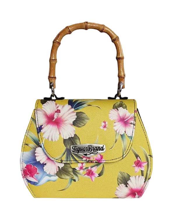 Liquorbrand yellow hibiscus bamboo handle bag retro floral handbag with tropical print