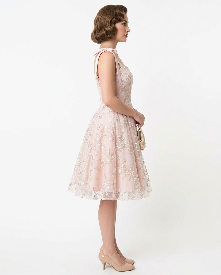 Peach Lace Embroidered Short Cocktail Dress