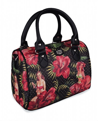 Liquorbrand Hula Girl handbag retro tiki shoulder bag with red tropical flower and pin-up print