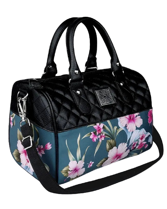 Liquorbrand Luau Green handbag retro floral shoulder bag with black quilted faux leather
