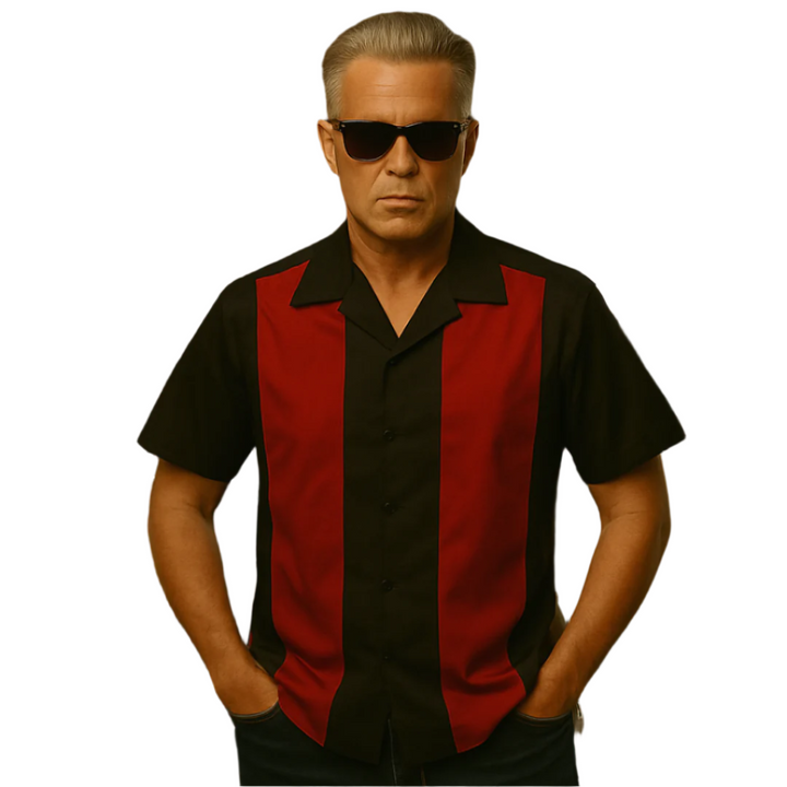 Vintage Style Bowling Shirt Red Twin Panel