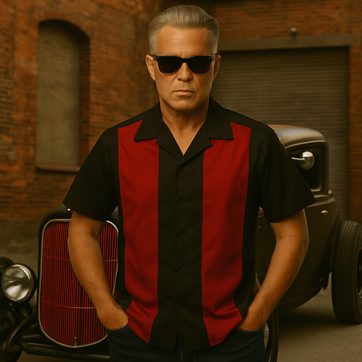 Vintage Style Bowling Shirt Red Twin Panel