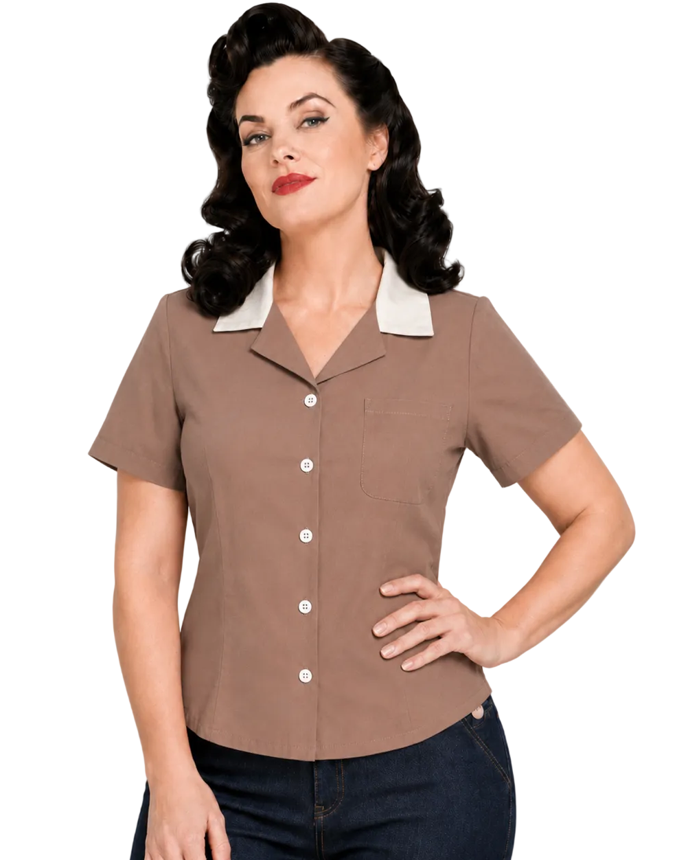Peggy Sue Retro Contrast Collar Cotton Shirt in khaki and ivory worn with denim capris
