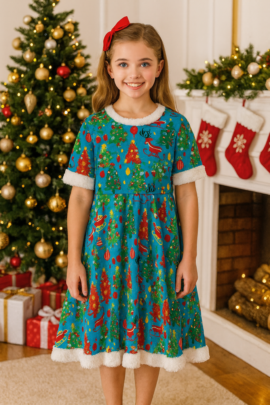 Young girl in a festive dress standing in front of a Christmas tree and fireplace.