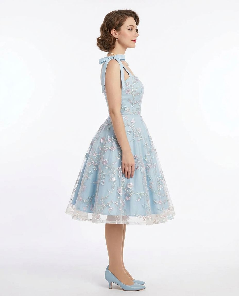 Blue Lace Embroidered Cocktail Dress A-Line Wedding Guest Blue Lace Embroidered Cocktail Dress A-Line Wedding Guest