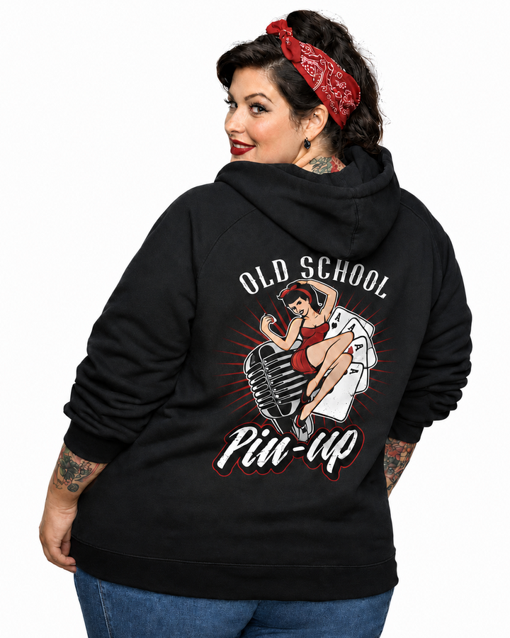 Plus size model wearing black Old School Pin-Up hoodie with vintage back design