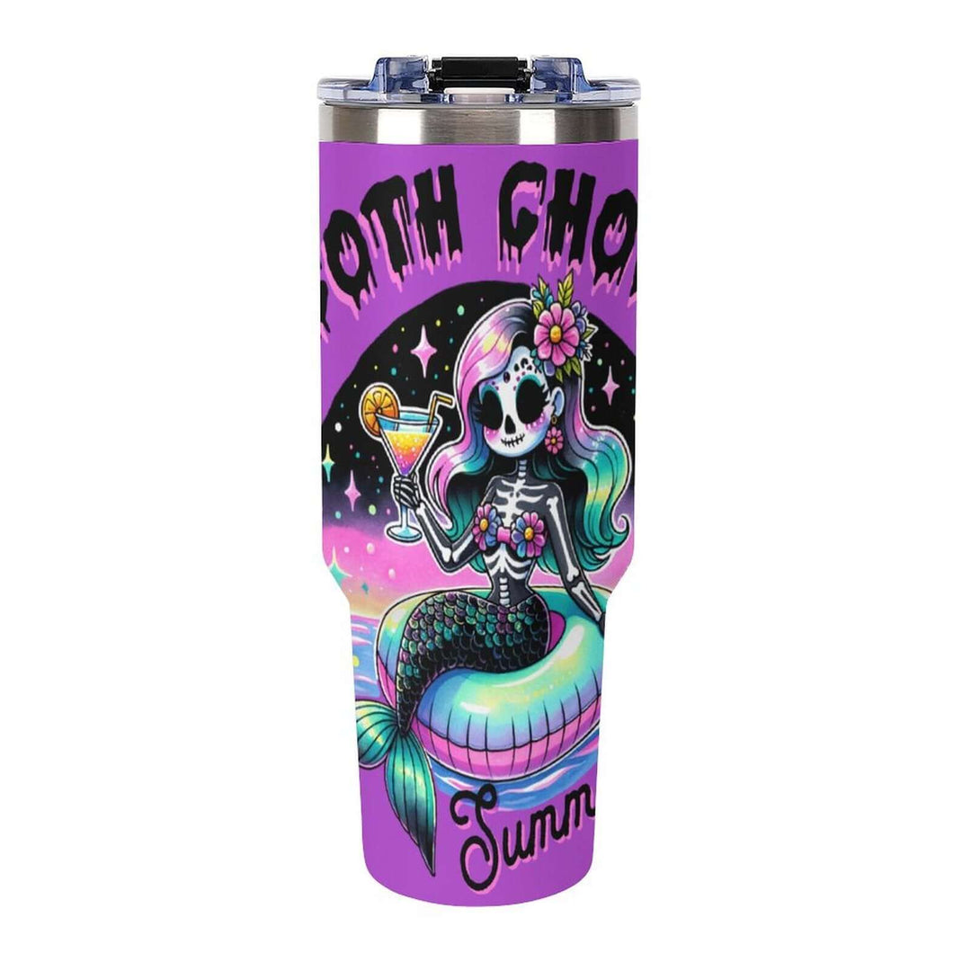 Colorful tumbler with a mermaid skeleton design and 'Oath Cho' text on a white background