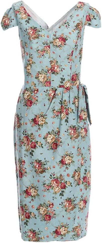 Maisie Floral Pencil Dress with vintage floral print, fitted silhouette, V-neck and bow-tied sleeves, perfect for garden parties.