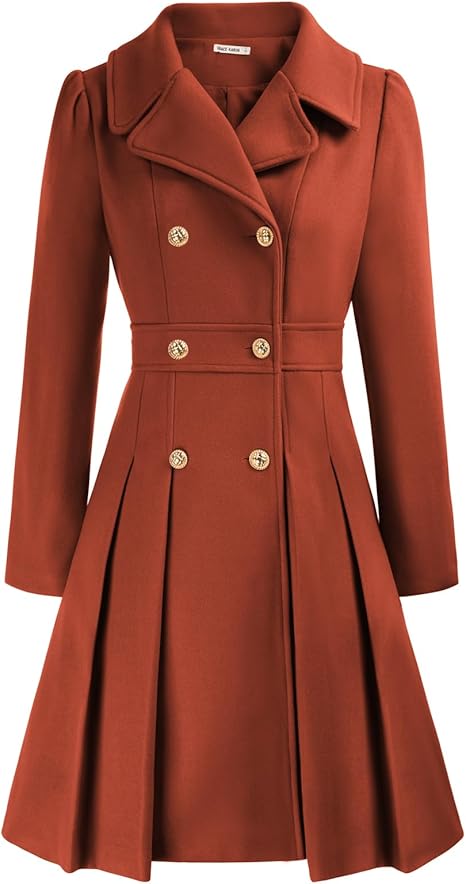 Grace Karin women's double breasted trench coat in rust color, featuring structured flare and gold buttons for elegant style.