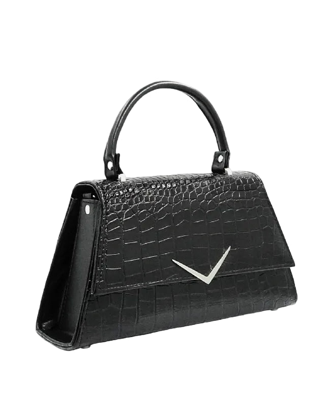 Black handbag with a crocodile texture on a white background