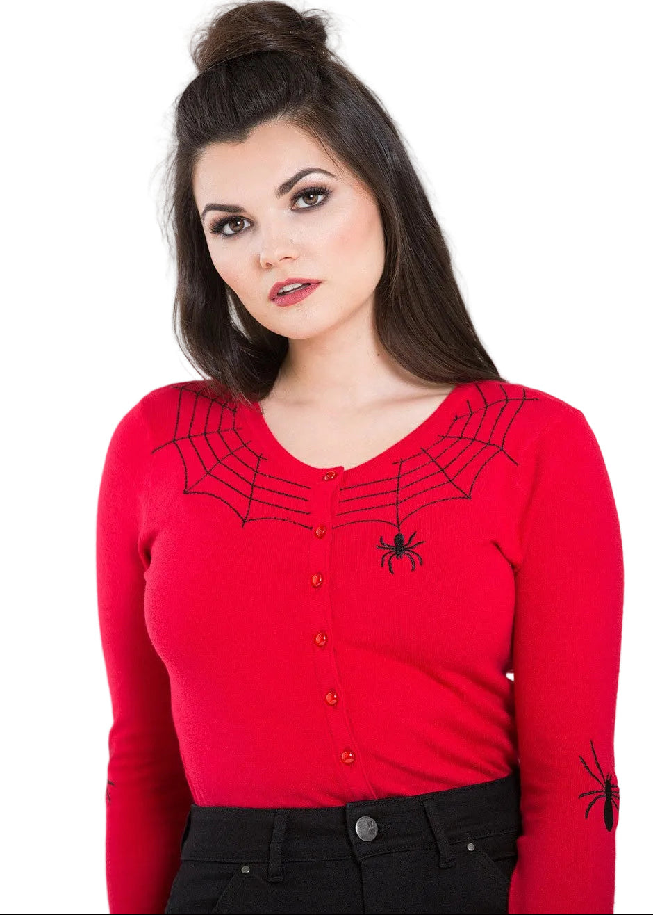 Hell Bunny Spider red cardigan with black spider web embroidery and spider sleeve detail