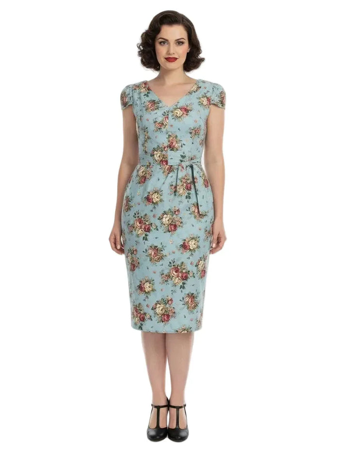 Light blue vintage floral pencil dress with V-neckline and fitted silhouette, front view on white background