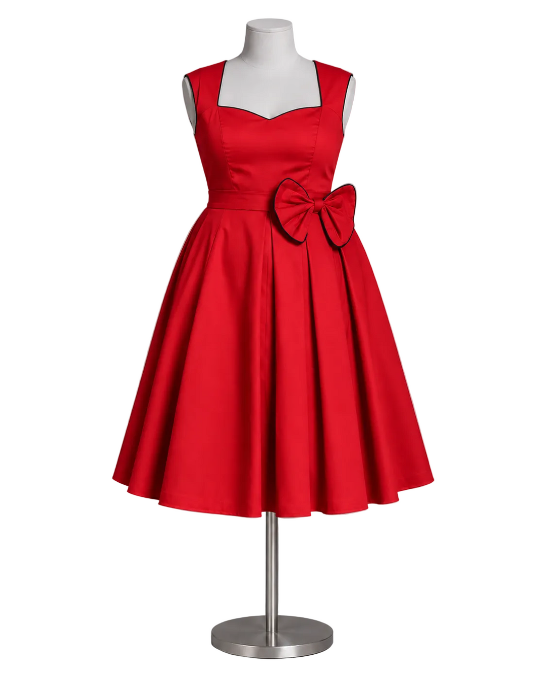 A bright red sleeveless fit-and-flare dress with a sweetheart neckline and a large matching bow at the waist, displayed on a white mannequin with a silver stand against a light gray studio background.