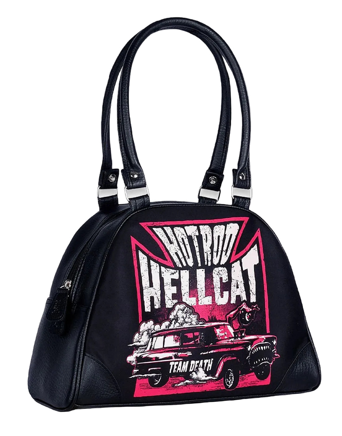 Hotrod Hellcat Monster Madness black bowler bag with horror hotrod artwork