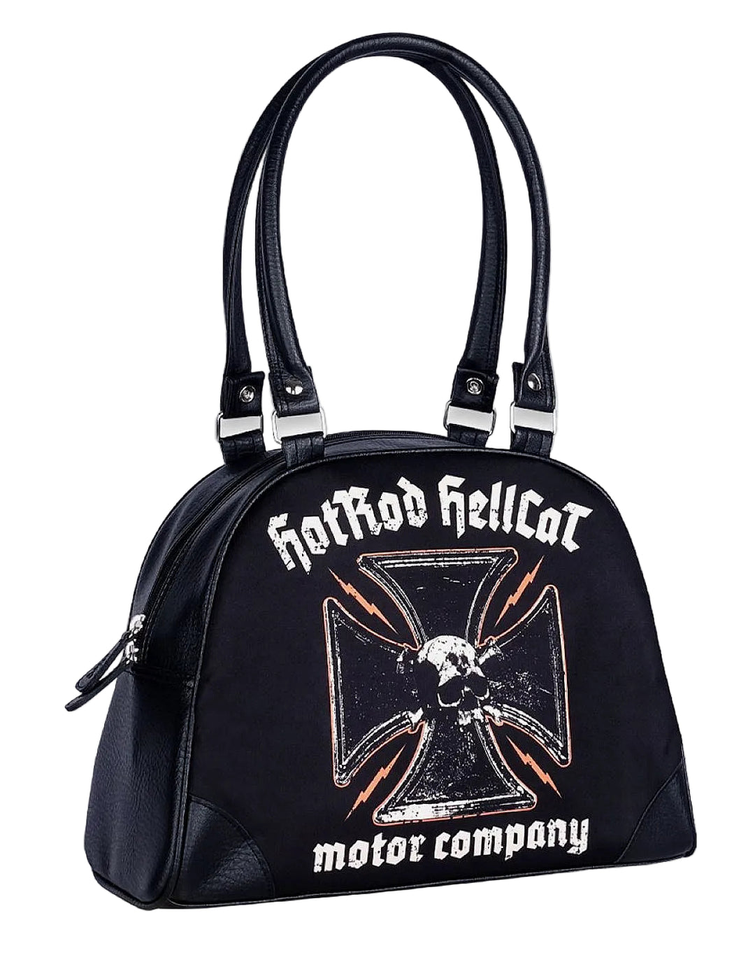 Hotrod Hellcat Motor Company black bowler bag with skull and iron cross artwork