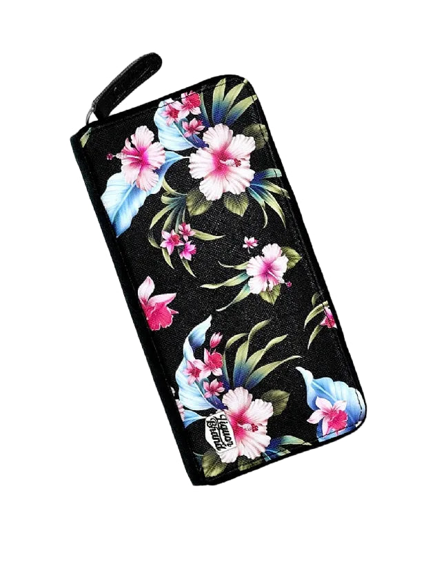 Liquorbrand Luau Black wallet retro floral zip purse with hibiscus flower print
