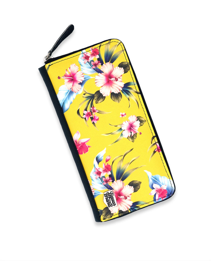 Liquorbrand Luau Yellow wallet retro floral zip purse with tropical flower print