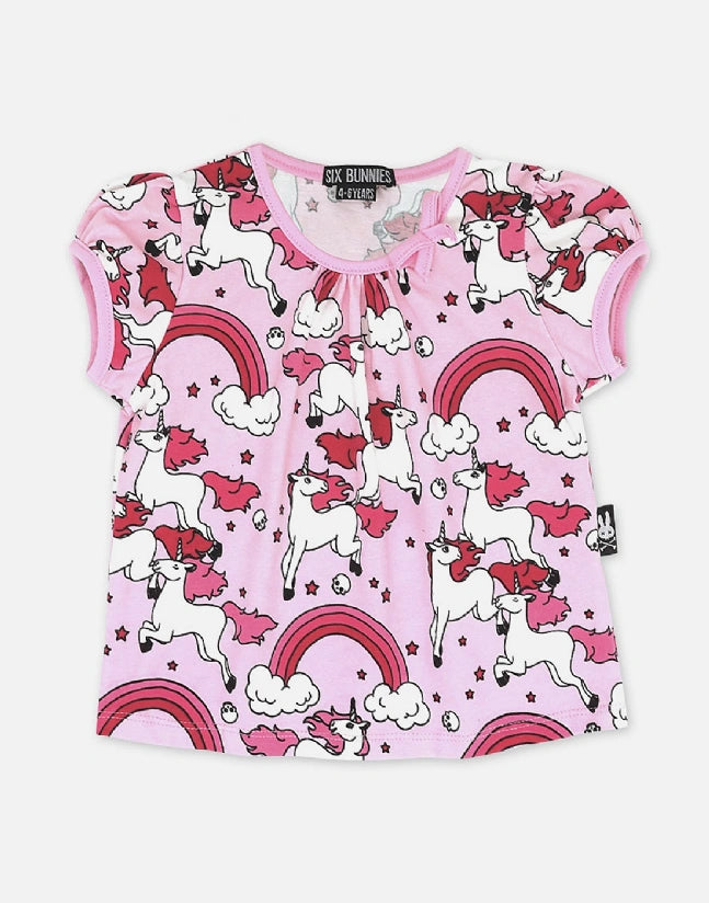 Six Bunnies rainbow unicorn kids top organic cotton pink bow shirt girls vintage style
