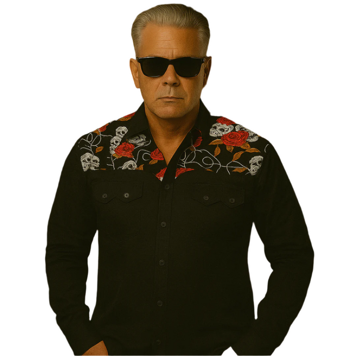 Men's Vintage Style Western Cowboy Shirt Skulls & Roses