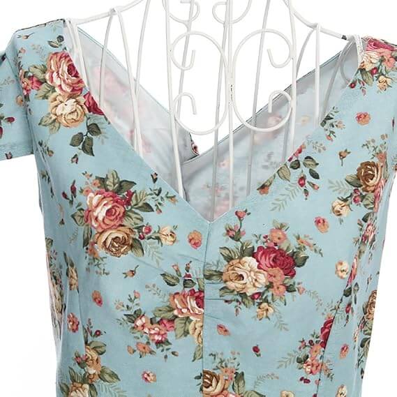 Maisie Floral Pencil Dress close-up showing V-neck and floral print in soft blue fabric.