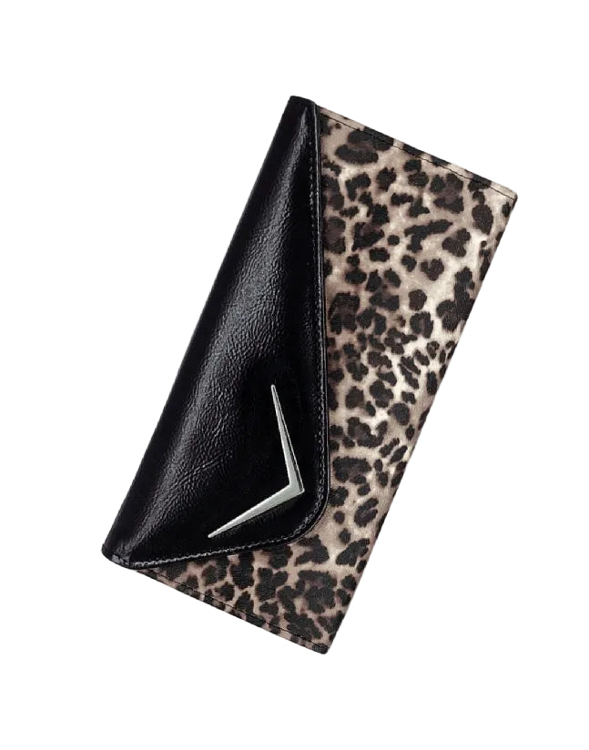 Liquorbrand Vega Leopard clutch retro envelope purse with black flap and chevron logo