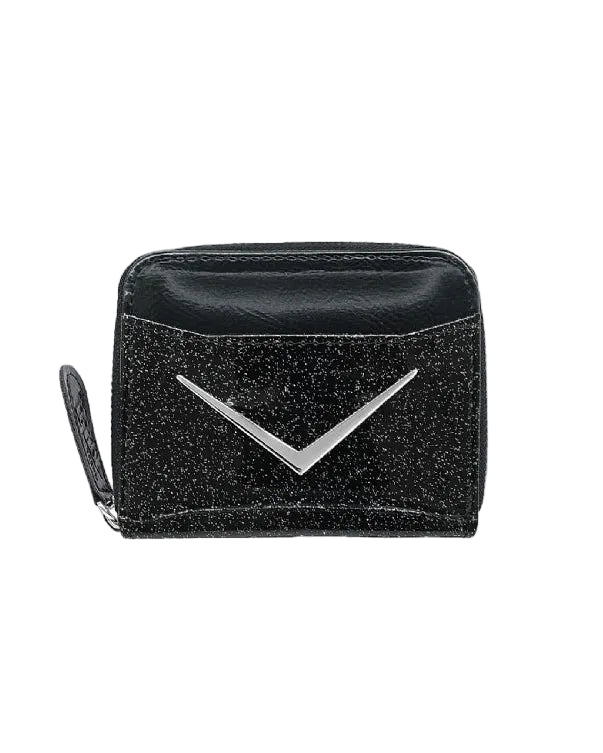 Liquorbrand Vega Black compact wallet with sparkle finish and silver chevron detail
