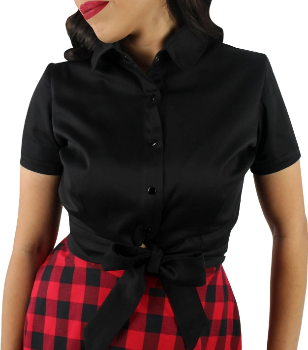 Front view of Hemet black cotton rockabilly top with Peter Pan collar
