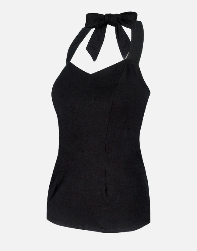 Liquorbrand black bow halter top with vintage-inspired halter neckline